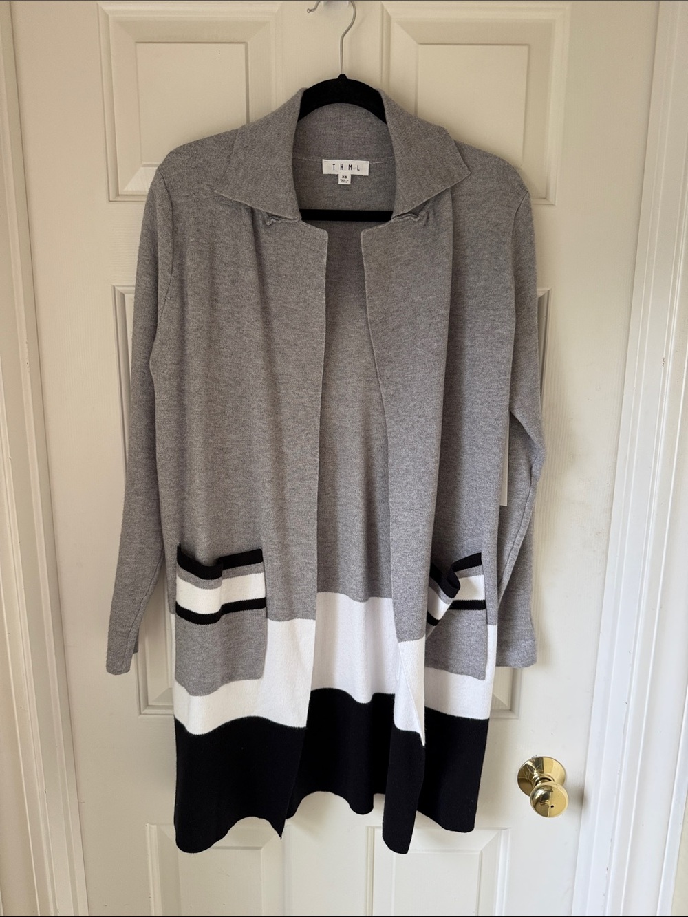 NWT THML GRAY CREAM BLACK COLOR BLOCK OPEN CARDIGAN XS